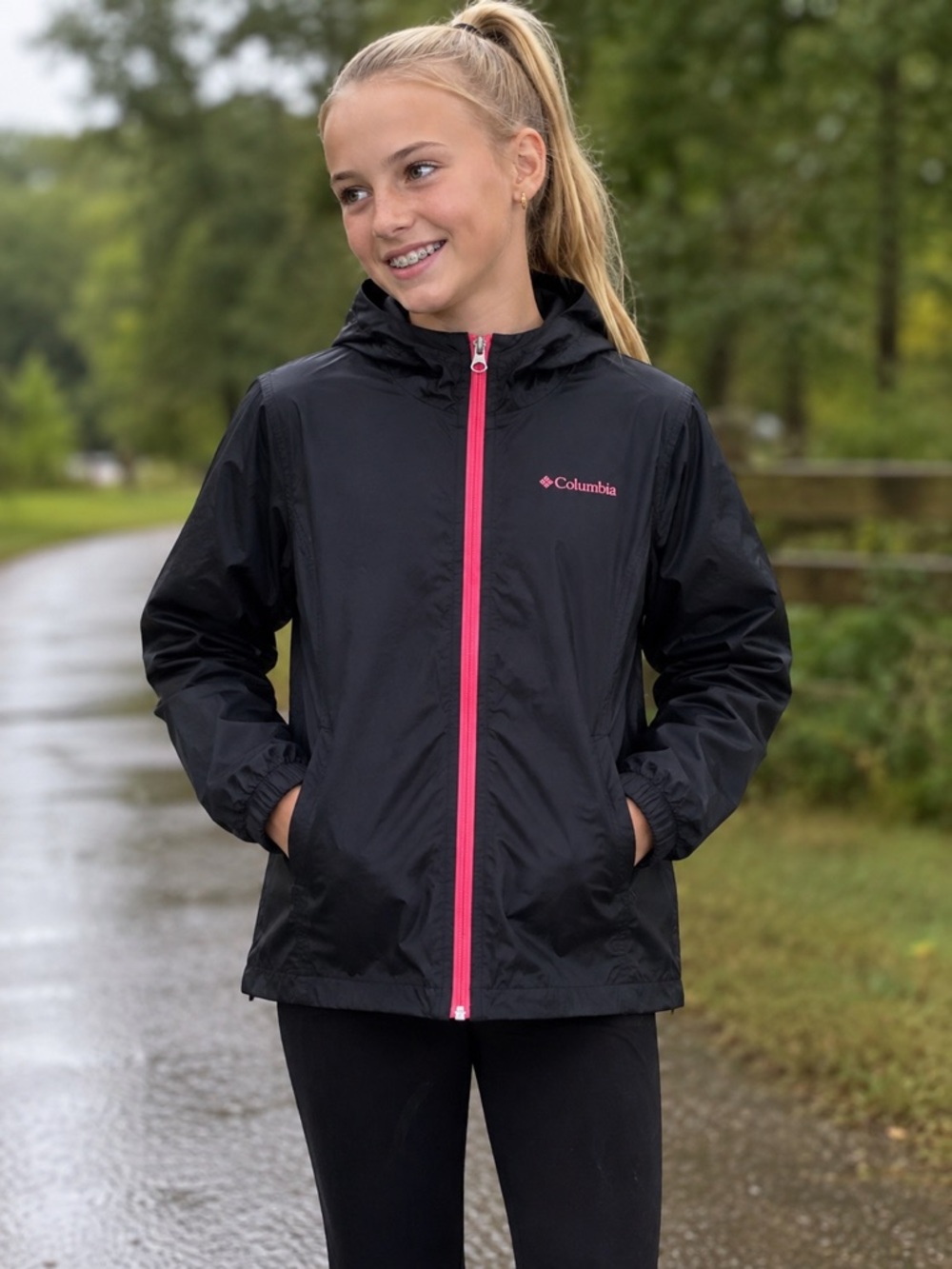 Columbia Kids Black Hooded Rain Jacket with Pink Zip Youth M 10/12